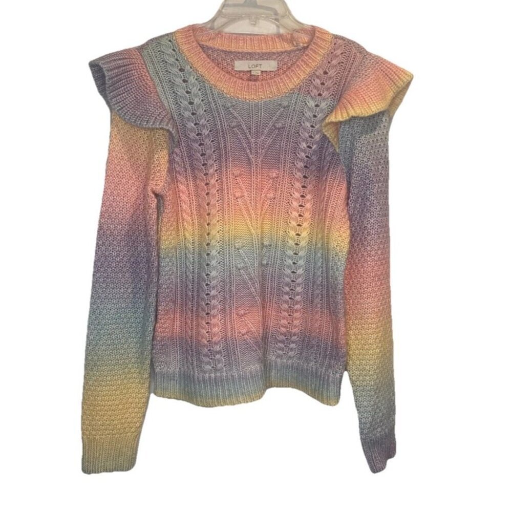 LOFT Women’s Rainbow Pastel Ruffle Long Sleeve Sweater Sz S NEW Color Block